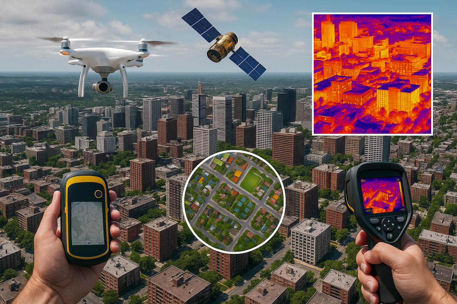 Drone and satellite observing Earth