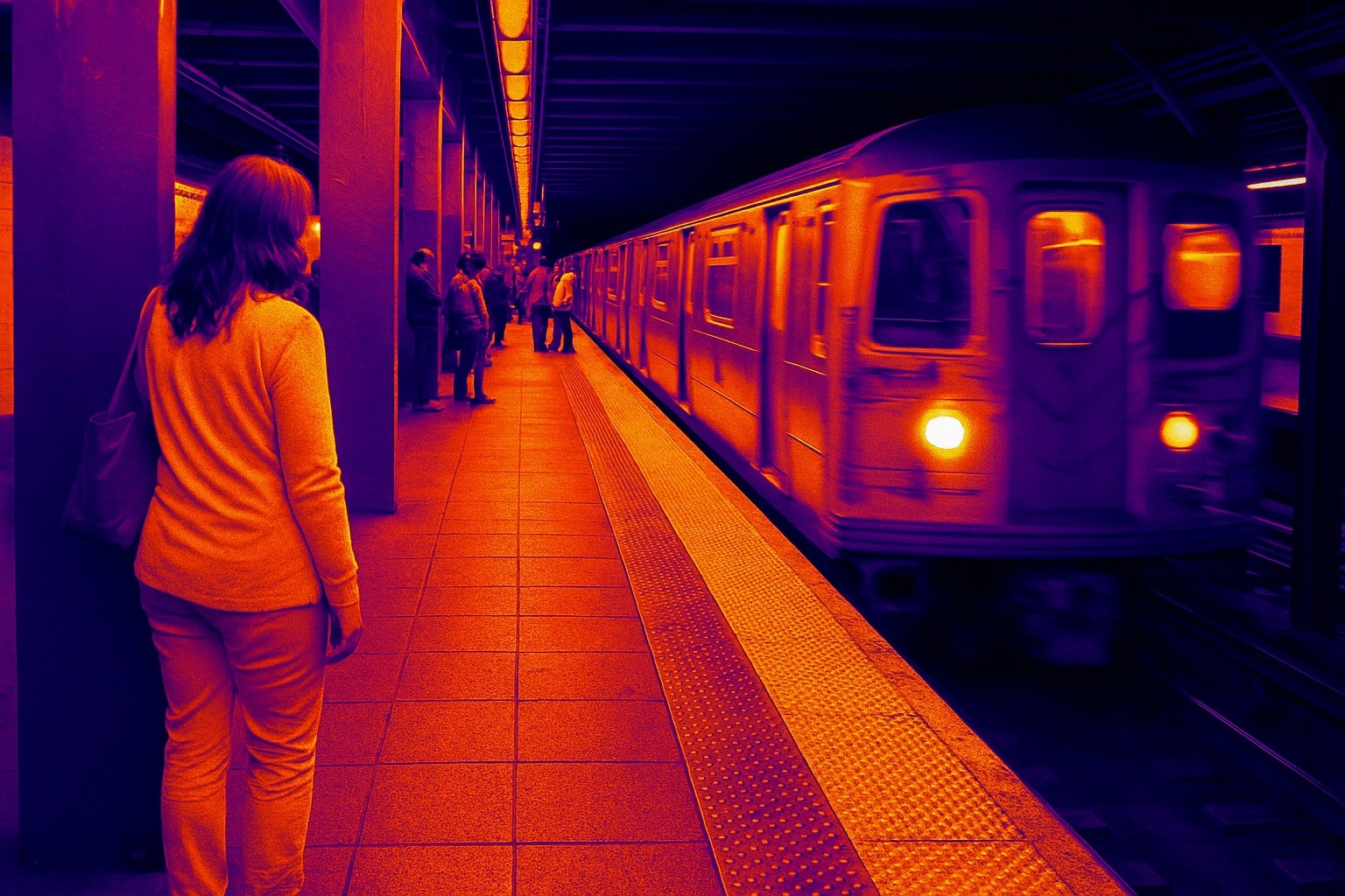 Heat visualization of people standing on a subway platform.